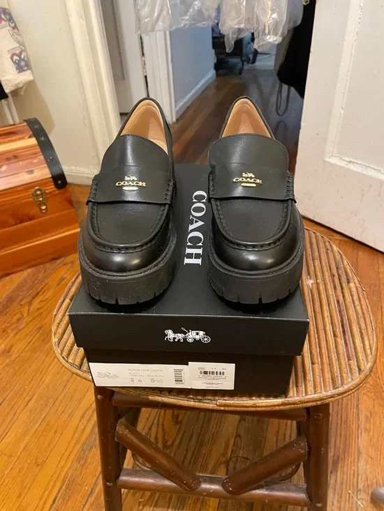Coach Black Chunky Platform Loafers with Gold Logo - Picture 1 of 6